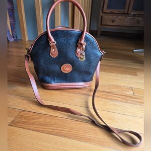Vintage 80s Dooney & Bourke Black Pebbled Leather Crossbody with Tan Trim